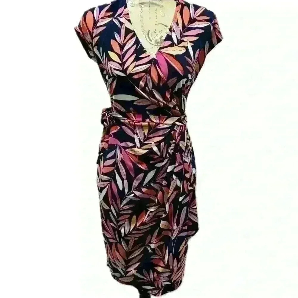 Maggie London Multicolor V Neck Cap Sleeve Wrap Dress Size 6 - Picture 2 of 15